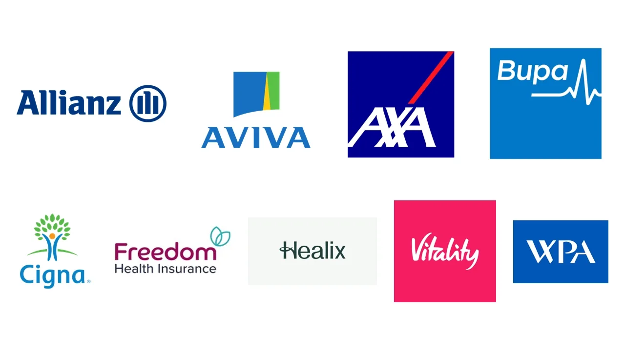 Health insurers accepted: Allianz, Aviva, AXA, Bupa, Cigna, Freedom Health Insurance, Healix, Vitality and WPA