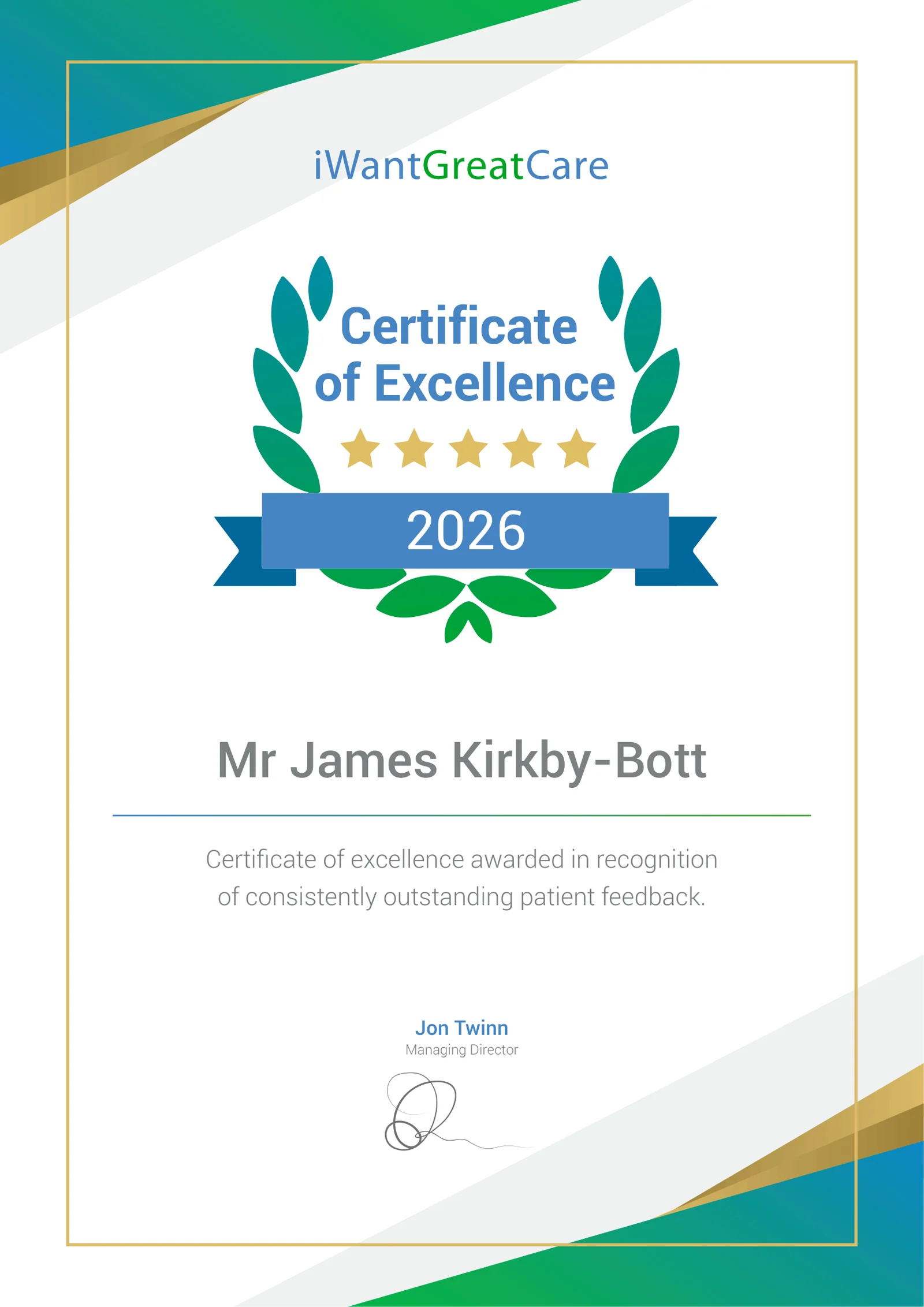 iWantGreatCare Certificate of Excellence 2026 awarded to Mr James Kirkby-Bott