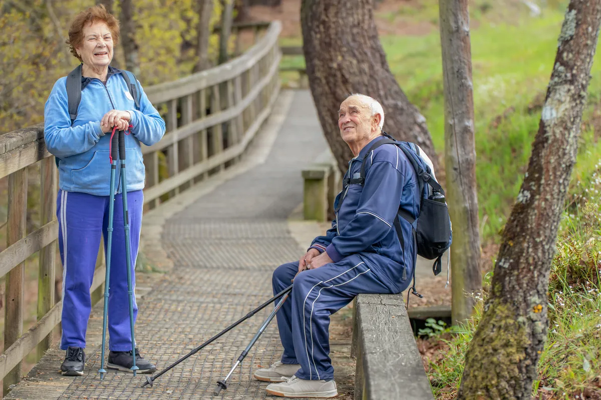 An older couple with walking poles taking a rest on a woodland boardwalk