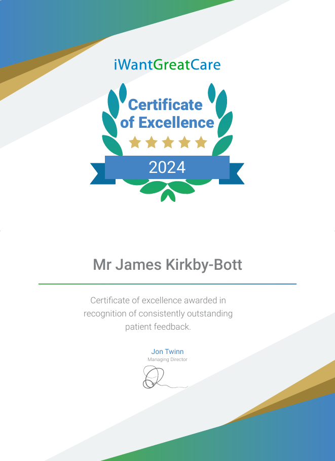 Certificate of Excellence Mr James Kirkby-Bott