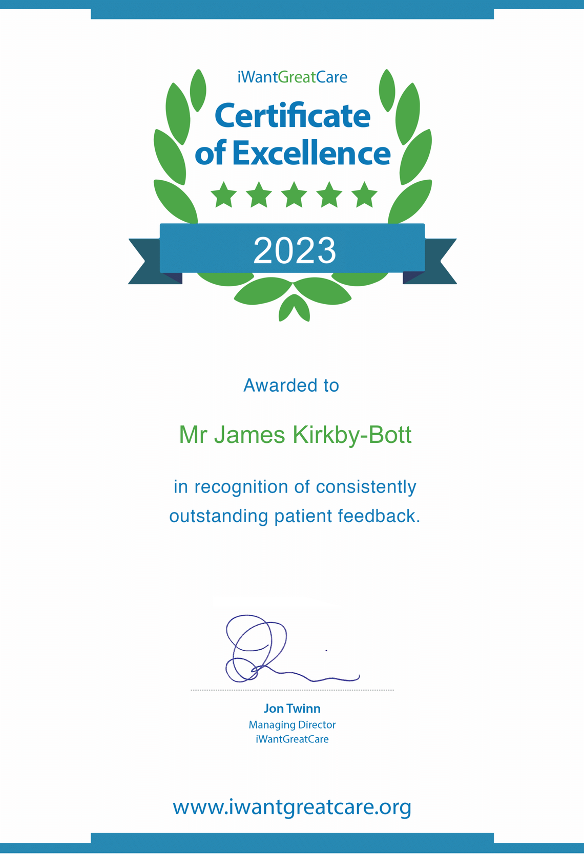Certificate of Excellence Mr James Kirkby-Bott